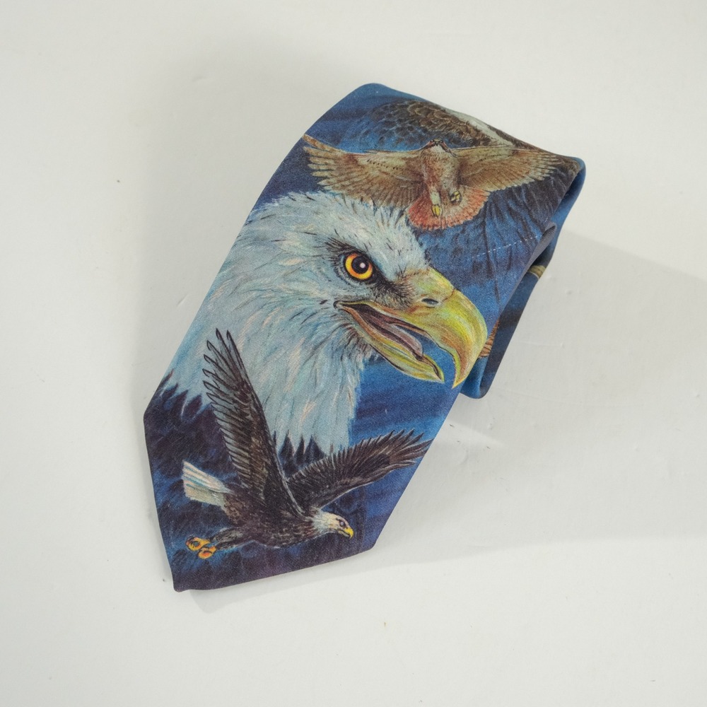 Rockmount Ranch Wear Vingage Necktie Blue Birds of Prey Eagle Owl Ralph Marlin